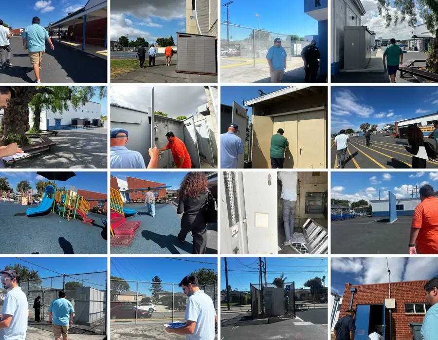 Collage of K12CG field assessment photos: assessors walking California school campuses, inspecting electrical and utility equipment, playgrounds, fencing and building exteriors