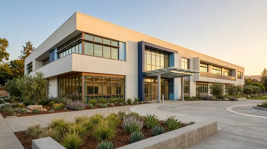 Modern California school building supported by state facilities funding